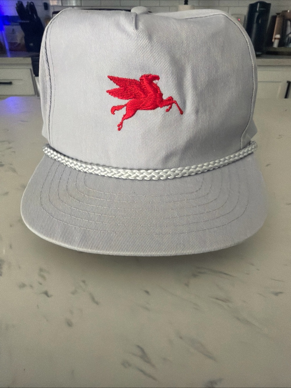 Vintage MOBIL Rope Trucker Hat with Red stitches leaping Pegasus Logo